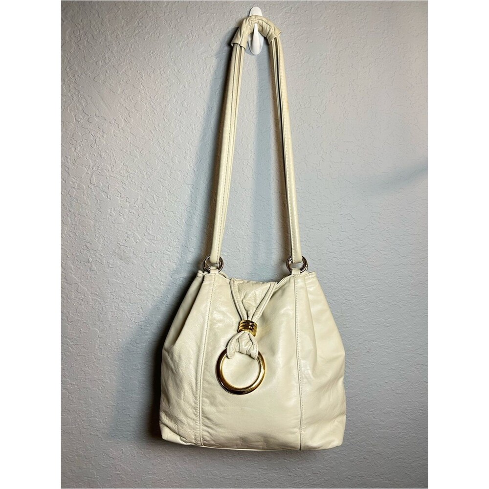 Vintage women Cream Shoulder Hobo with Large Gold Ring Accent